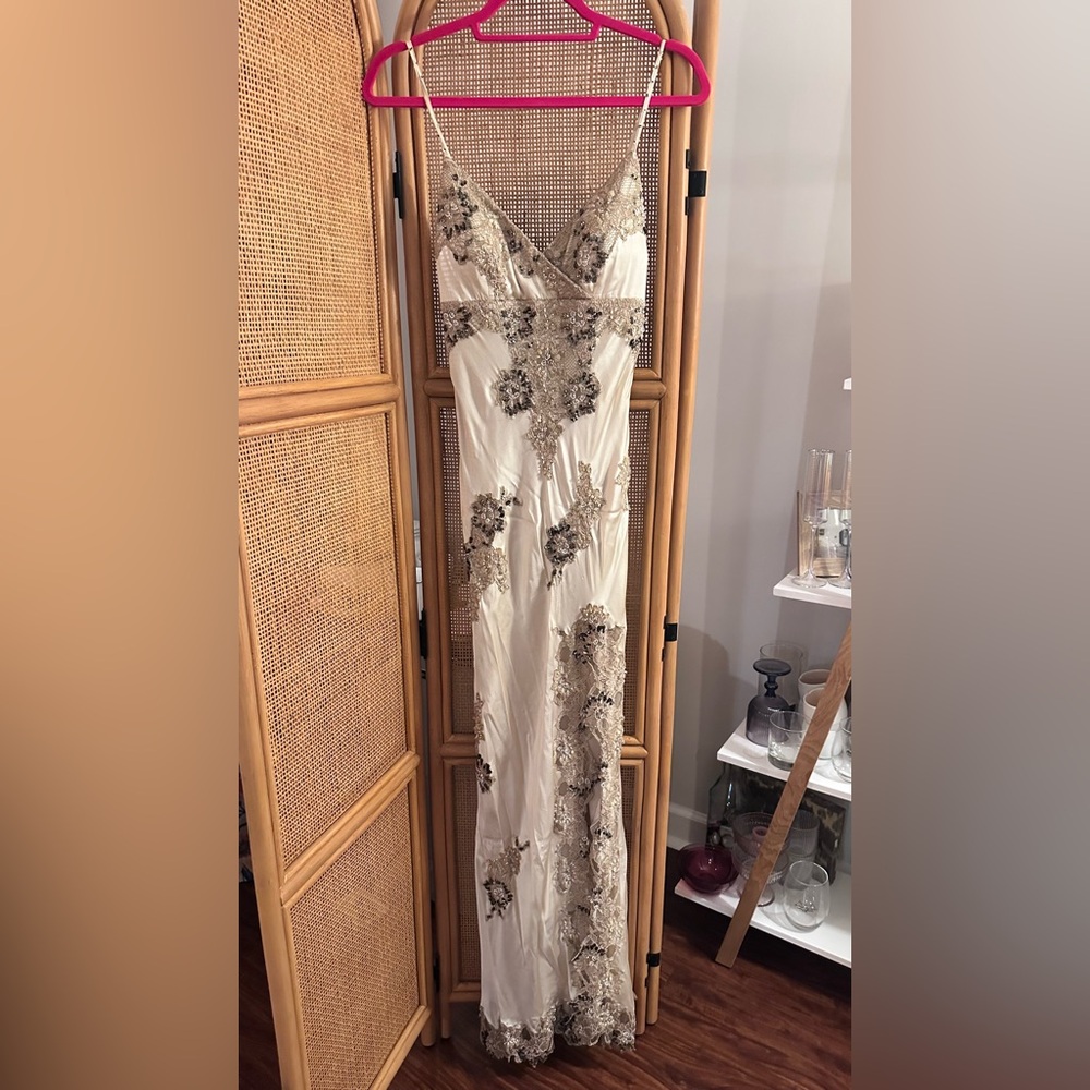 VTG Y2K Sue Wong Cream Maxi Gown with Gold & Silver Embroidery